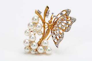 18K Yellow Gold Butterfly Pin w/ Diamonds & Pearls