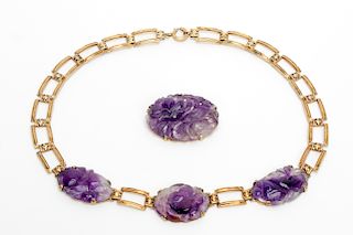 Floral Carved Amethyst Necklace & Pin, 14k Gold