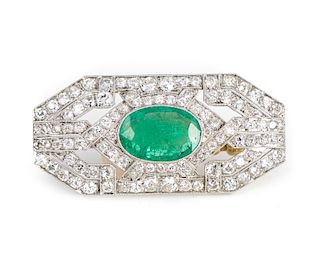 Art Deco Platinum, 3ct Emerald & Diamond Bar Pin