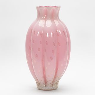 Tall Ribbed MCM Pink Glass Vase, Seguso (attr)
