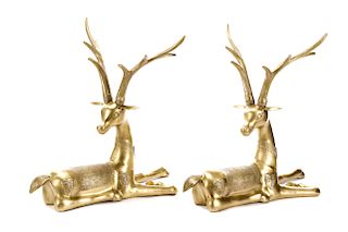 Pair, Large Sarreid Brass Seated Deer Sculptures