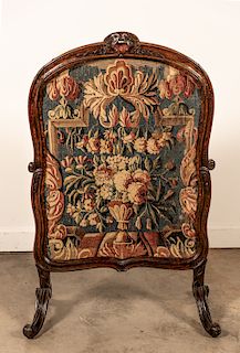 19th C. French Firescreen, Floral Tapestry Inset
