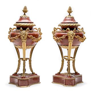 Pair, Dore Mounted Rouge Marble Lidded Coupes