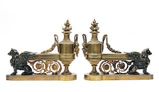 Pair, Bronze Chenet w/ Urns & Gryphon