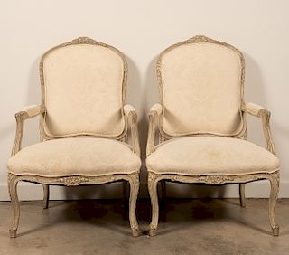 2 Louis XV Distressed White Upholstered Armchairs