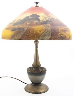 A Reverse Painted Glass Table Lamp, Height 23 x diameter of shade 17 5/8 inches.