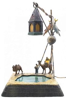 A Cold Painted Cast Metal Orientalist Table Lamp, Height 16 3/8 inches.