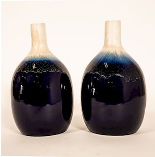 Pair, MCM Raymor Blue Flambe Style Glazed Vases