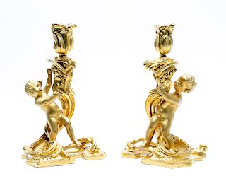 Pair, French 19th C. Dore Figural Candlesticks