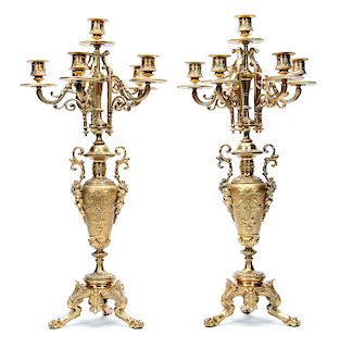 Pair, French Gilt Bronze 5- Light Urn Candelabrum