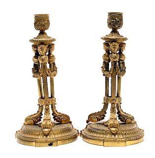 Pair, French Gilt Bronze Candlesticks w/ Busts