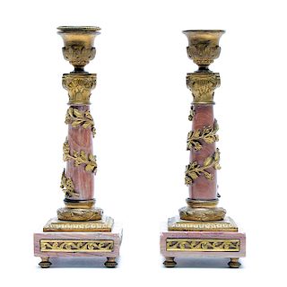 Pair, Small Marble & Dore Mounted Candlesticks