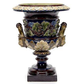 Late 19th C. French Majolica Handled Urn