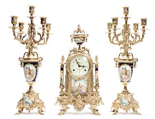 Three Piece Brass & Porcelain Clock Set