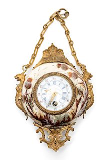 Small Painted Porcelain Gilt Mounted Hanging Clock