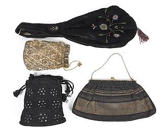A Collection of Four Victorian or Later Purses, Width of widest 12 inches.