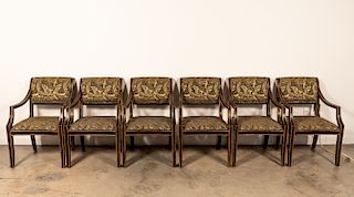 Set, 7 Italian Black & Gilt Upholstered Armchairs