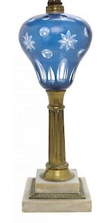 An American Cut Glass Overlay Fluid Lamp, Boston Sandwich Glass Co., Height 14 3/4 inches.
