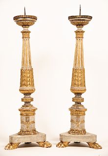 Pair, Patinated & Parcel Gilt Candle Prickets