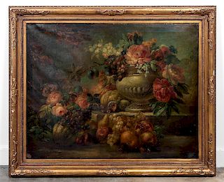 19th C. Spanish Baroque Still Life, Roses & Fruit