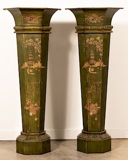 Pair of Green Tole Chinoiserie Floor Plant Stands