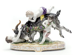 Meissen Porcelain Figurine, Putti & Ram Playing
