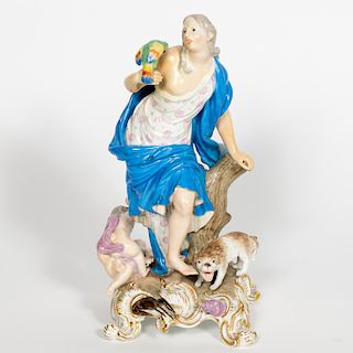 Meissen Porcelain Figure of a Woman, Parrot & Dog