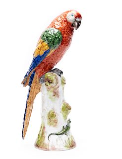 Porcelain Figure of Perched Parrot, Marked
