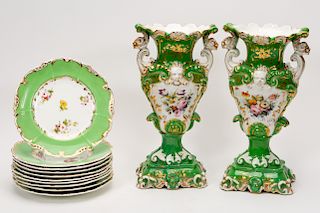 Porcelain Group, Urns & Plates, 12 Pcs.