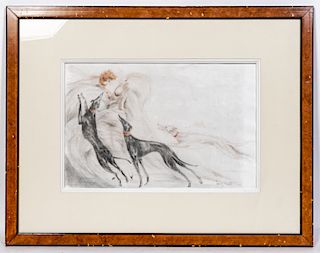 Louis Icart Signed Pencil Drawing Woman w/ Dogs