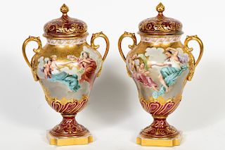 Vienna Hand Painted Figural Motif Lidded Urns