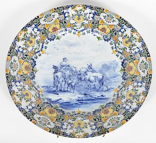 Large Faience Charger, Genre Scene w/ Color Border