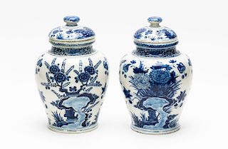 2 Faience Delft Ware Lidded Jars, Blue & White