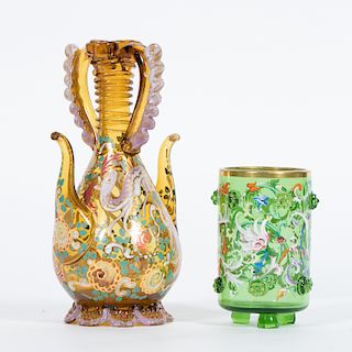 Two Attr. to Moser Enamel & Glass Pieces