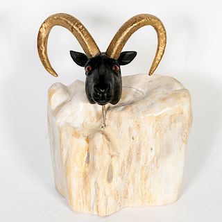 Hand Carved Multi-Stone Ram's Head on Base