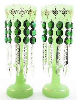 A Pair of Victorian Green Satin Glass Girandoles, Height 12 1/4 inches.
