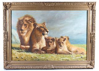 Original Lion Family Painting Signed By Biau