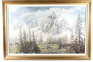 Original W. Gisin Teton Mountains Oil Painting