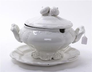 A Stoneware Tureen with Undertray, Width over handles 14 1/2 inches.
