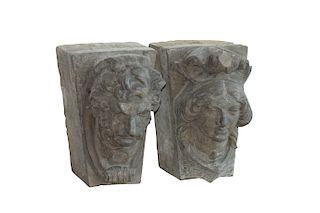 Pair of Antique Stone Heads
