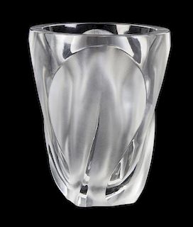 A Lalique Molded and Frosted Glass Vase, Height 10 3/8 inches.