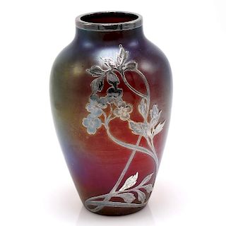 Iridescent Vase with Sterling Silver Floral Overlay