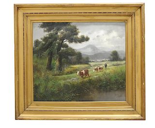 M Zampella Italian Cow Scene Oil Painting