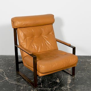 Milo Baughman Style Bronze & Tan Leather Armchair