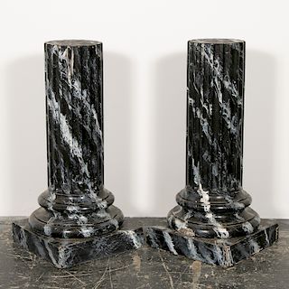 Pair, Marbled Black & White Column Pedestals