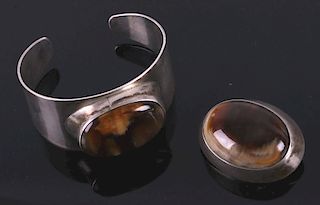 Navajo Agate 900 Silver Bolo and Bracelet