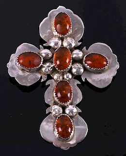 Signed Navajo Sterling Silver and Amber Cross Pin