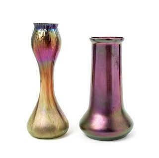 Two Iridescent Glass Vases, in the manner of Loetz, Height of taller 9 1/8 inches.