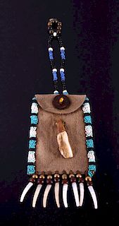 Plains Indian Bison Tooth & Beaded Medicine Pouch