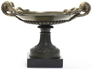 A Continental Bronze Tazza, Height 6 1/2 x width 9 1/4 inches.